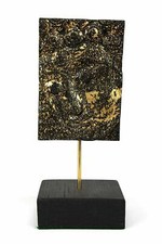 Thai Buddha face carved panel on wooden stand - Black/Gold highlights. 29.5cm