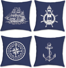 Bonhause Nautical Maritime Cushion Covers 45 X 45 Cm Both Sides Anchor Compass