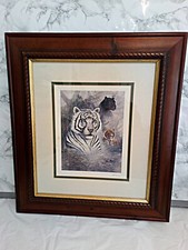 Vintage Ruane Manning Signed  Framed Print White Tiger, Bengal Tiger, Panther