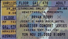 Bryan Ferry Hard Rock Hotel Concert Ticket Stub Las Vegas Nevada SRO 11/25/2002
