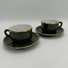 Vintage Apilco Bistro ware Demitasse Green Gold Coffee Cups & Saucers x 2