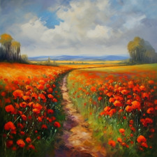 Red Poppy Fields Colourful Oil