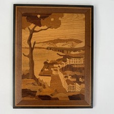 Marquetry Picture Seascape Wooden Inlay Art Wall Hanging 28cm x 22cm Vintage