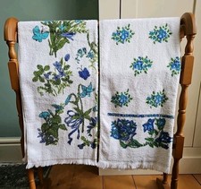 2 x Vintage 1970s blue & white floral flowers thin towels - fringed - Cannon?