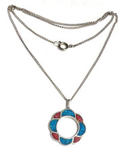 South Western Native American Stg Silver Turquoise & Coral Floral PENDANT 3g