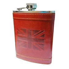 Hip Flask 8oz Union Jack Flasks Stainless Steel Brown Leather
