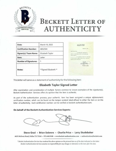 Elizabeth taylor signed letter - taylor,