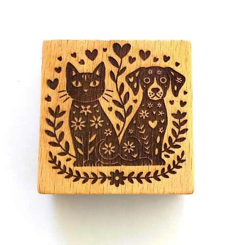Folk art cat dog stamp - cat,