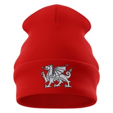 Embroidered Welsh Dragon Beanie Hat Rugby Country Him Embroidery Wales Suppor...