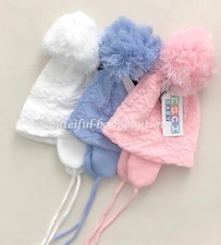Baby Boys Girls Knitted Pom Pom Hats Lined Blue White or Pink 6-12-18M