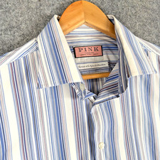 Thomas Pink Shirt Mens 16" Collar Blue Stripe Nylon Blend Stretch Breathable