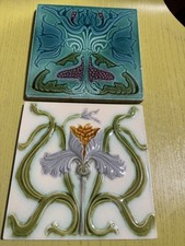 TWO ORIGINAL ART NOUVEAU 6" CERAMIC TILE  FOR WALL / FIREPLACE HEXIMEN 