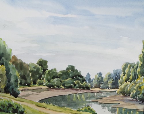 Original watercolour lake - watercolour,, in