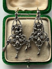 Antique Silver And Rose cut Diamond Victorian Drop Earrings. Gold Hooks.