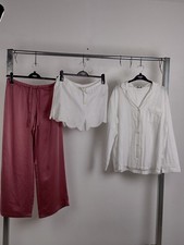 M&S Women's 3pcs Bundle Pyjamas Size 12 White Button Up Shorts Pink Satin New F2