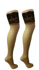 Natural Deep Lace Top Hold Ups With Chocolate Colour Lace - Stock Clearance