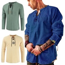 Mens Medieval Viking Piracy Lace Up Tunic Tops Shirt Retro Jumper Costume Blouse
