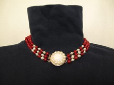 Large Faux Pearl~Red Glass Beads~Bib~Chocker~Silver Tone~Gyspy~Southwest~Tribal
