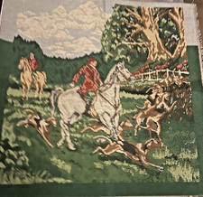 VTG English Fox Hunting Tapestry Woven Throw Pillow Panel 19"x18" Horses Hounds