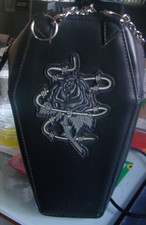 gothic coffin shaped bag with two metal chain straps/handles with rose on front