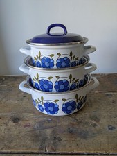 3x Vtg 70s Blue Taunton Vale Floral Saucepan Casserole Dish Pans Enamel Retro