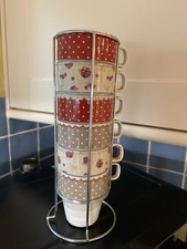 Next set of 6 red/beige spotty & floral Colourful Stacking Cups .Dishwasher safe