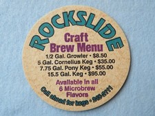 Old BEER COASTER ~ RockSlide Brewery Growlers & Kegs ~ Grand Junction, COLORADO