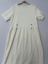 White Crinkle Cotton Smock Midi Dress M Short Sleeve Black Button Detail NEW