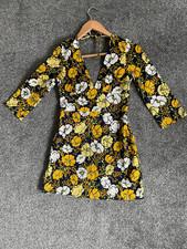 Stunning Zara Navy Blue Floral Mini Dress Low V Size Small 3/4 sleeve