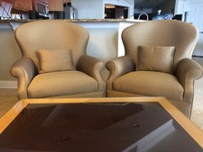 Two Gold Wing Back Silk Chairs