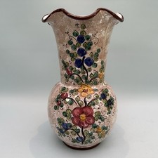 Vintage Large Deruta Italy Handpainted Vase Wavy Top Floral Flower Design