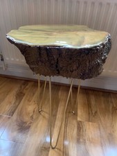 Handmade Rustic Tree Trunk Side Table - Gold Resin with Cogs on top. Hairpin leg
