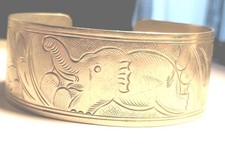 Silver Elephant Engraved Cuff Wide Bangle - Bracelet