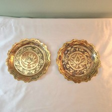 2 Decorative Brass Plates Trays Scalloped Edges Etched Designs Eastern Moroccan