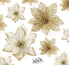 Glitter Christmas Poinsettia Flower Ornaments 24Pcs Gold Artificial Flower Tree