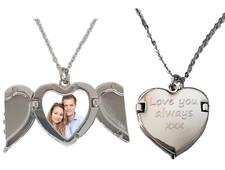PERSONALISED engraved photo Necklace Heart Angel Wings Locket Gift with picture 