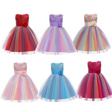Flower Girls Party Dresses Formal Bridesmaid Kids Sequins Tulle Lace Bow Banquet