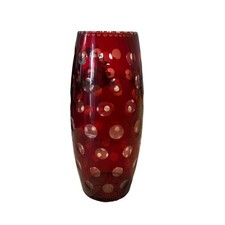 Bohemian Red Glass Vase Ruby Czech Cut To Clear Polka MCM h25cm Circa 1950s