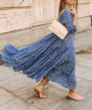 Zara Blue Black Angel Midi Maxi Tiered Voluminous Long Sleeve Dress Size S 8 10