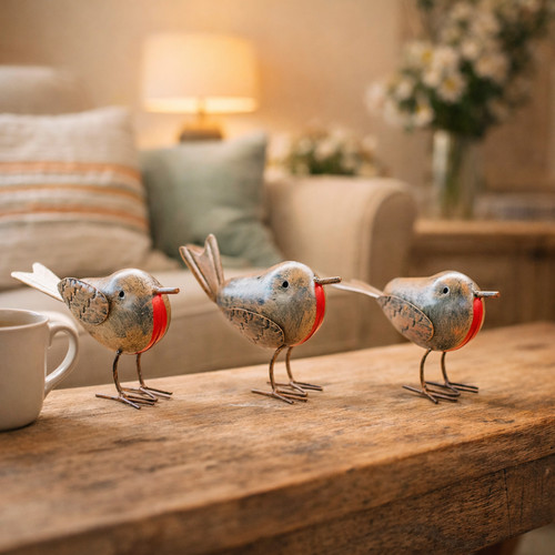 Metal robin redbreast bird - 3x,