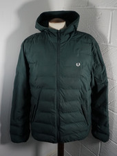 Mens Fred Perry Insulated Brentham Dark Green Hooded Puffer Jacket - Size XL