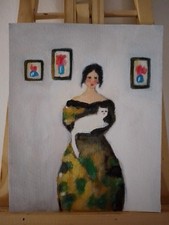 Cat painting Vintage style Impressionism Paper Original Handmade Woman painting 