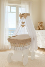 White Wicker Moses Basket with Wheels & Beige Dimple Bedding Set Baby Crib