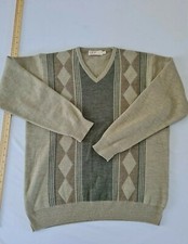 Mens Jumper EWM Size L V Neck Long Sleeve Beige 7836