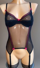 Ann Summers Underwired Suspender Cami Black Ultra Sheer Mesh, Pink Trim, UK 36D