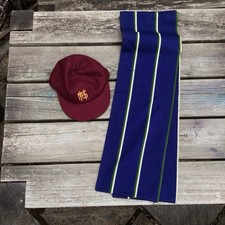 Vintage Burgundy Wool School Hat MHS Motif & Blue Green White Stripe Scarf