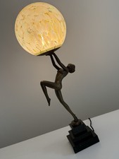 Vintage Art Deco Spelter Lamp Bronze Lady Figurine Glass Globe Shade Marble Base