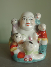 Vintage Happy Laughing lucky Buddha with Children Ceramic 10cm / hand painted