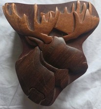 Vintage Wood Moose Head Puzzle Trinket Box