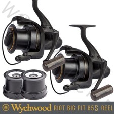 2 x Wychwood Riot 65S Big Pit Reel Carp Fishing Matt Black +Spare Graphite Spool
